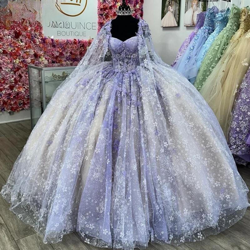 Lilac Illusion Sequined Crystal Ball Gown Quinceanera Dresses With Cape Spaghetti Strap Appliques Tull Corset Vestidos De 15 Anos