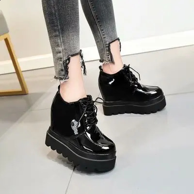 High Platform Patent Leather Casual Shoes Women Autumn Wedge Trainers For Women 12 CM Height Increasing Sneakers Black 240827