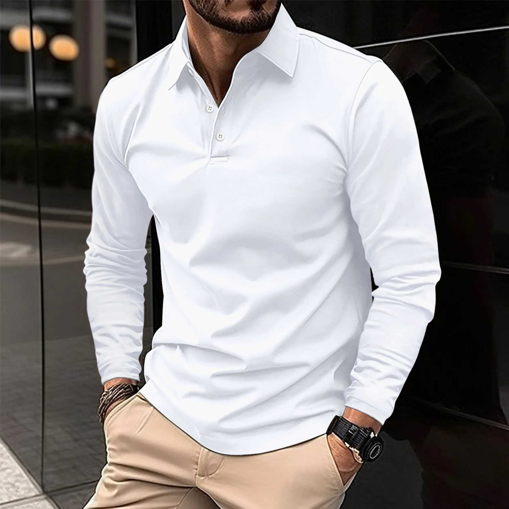 Man Long Sleeve Polo Solid Leisure Comfy Casual Loose Bakery Restaurant Lapel Shirt Catering Cafe Supermarket WorkwearXJ240906