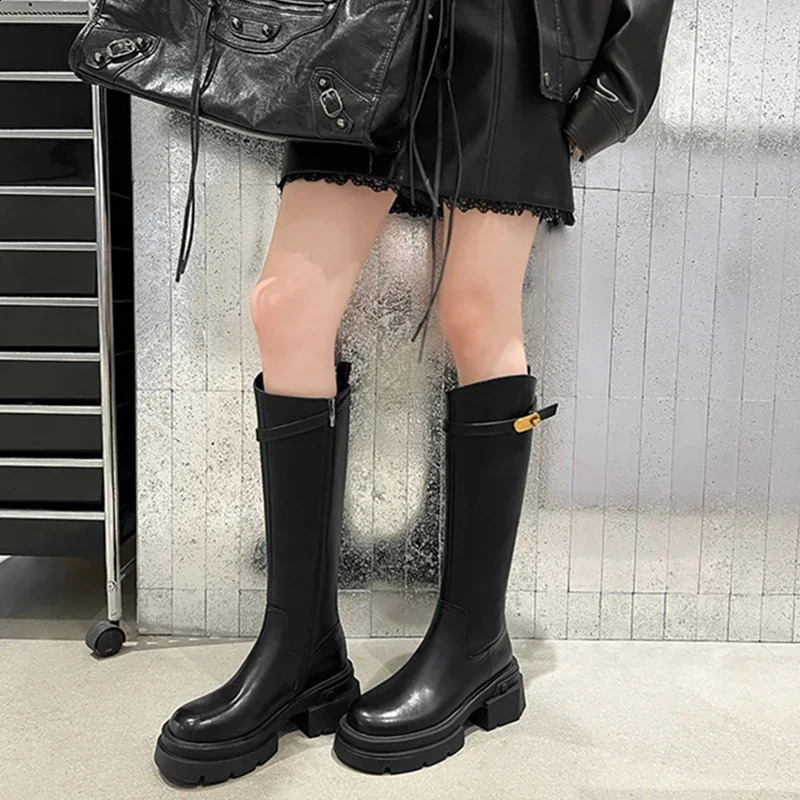Womens Knight Boots Fashion and Elegant Belt Buckle Side Zipper Shoes Square High Heels Womens Knee High Boots 240827
