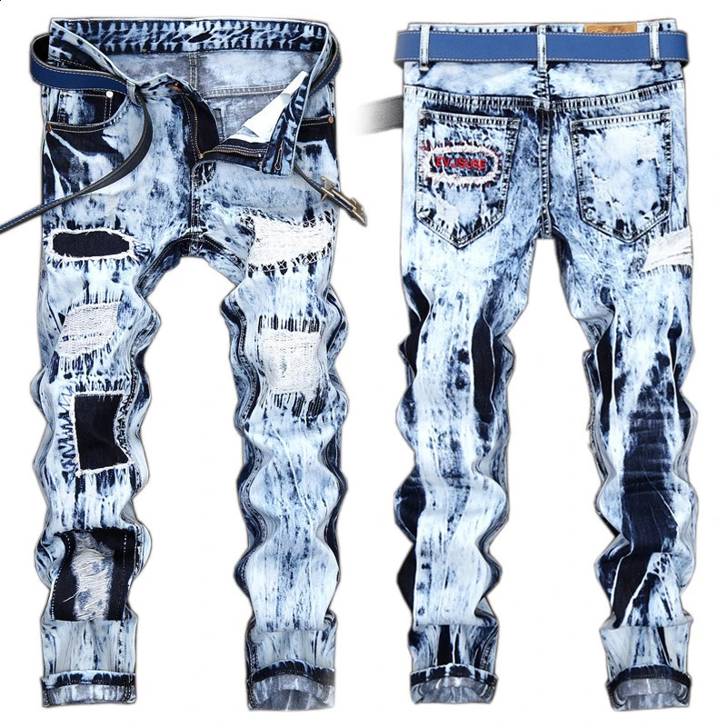 Splicing jeans denim straight size mens European and tidal pants light American embroidery hole stitching 240829