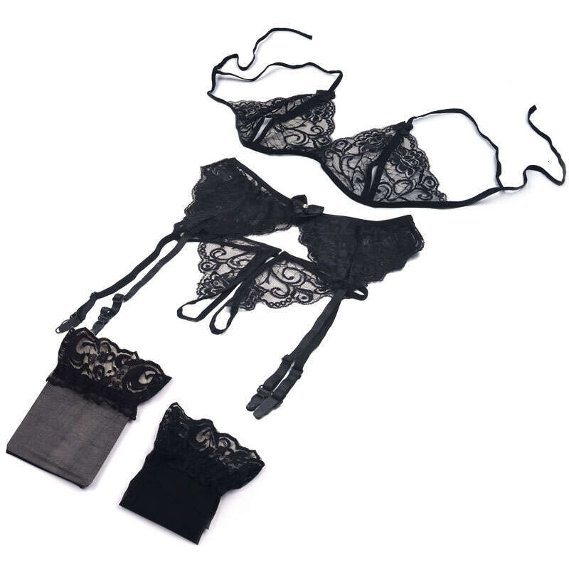 Lace Women gerie 4 Pcs Sg Open Sexy Wiht Garter Panties Push Up Bra Set Erotic Transparent Underwear Net Stockings