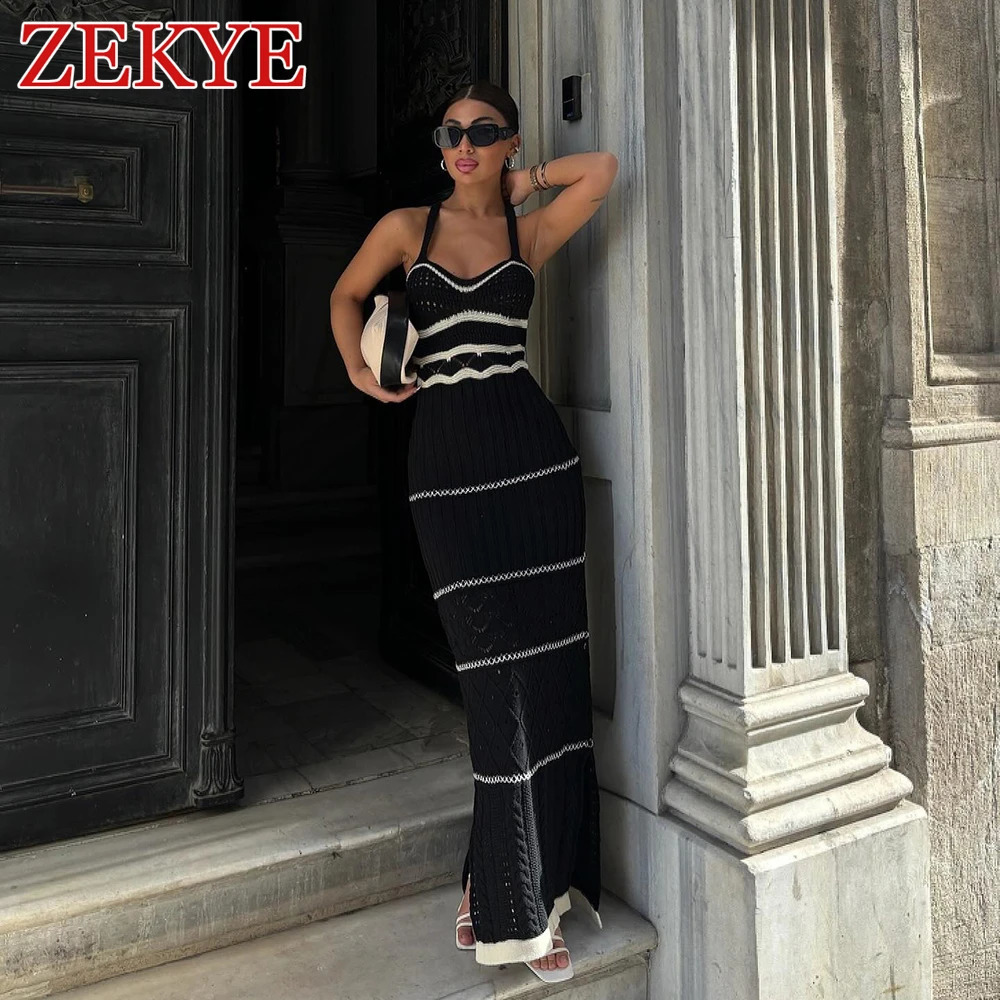 Zekye Striped Elegant Sun crochet dress Woman Summer Beach Vacation Sleeveless Bodycon Long Dresses V Neck Boho Sexy Knit 240828
