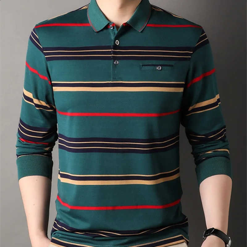 Mens Spring and Autumn Long Sleeve Pocket Button Three way Flip Collar Pullover Polo Shirt Business Casual Loose Top 240828