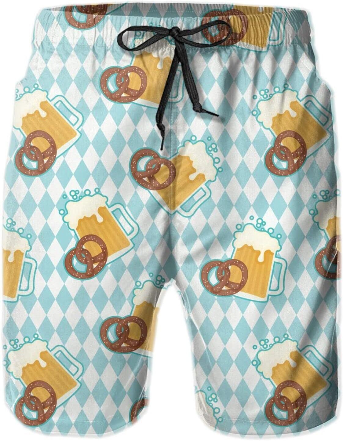 Mens Shorts 3D Printing Pattern Beer And Pretzels Swim Trunks Quick Dry Stylish Beach Pants For Men Board Swimwear