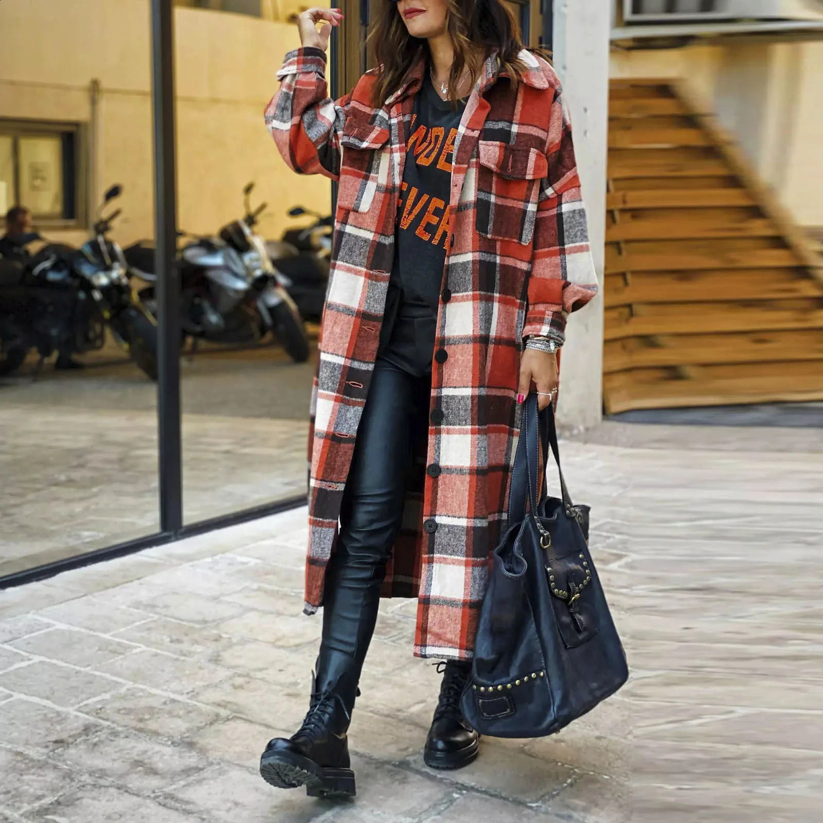 Retro Harajuku plain weave long trench coat Korean full matching womens autumn and winter wool coat long sleeved lapel coat 240828