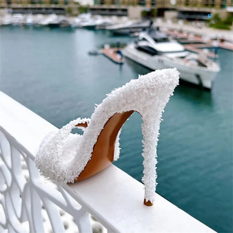 Runway super high heel slider womens sliding back oversized shoes sexy leather toe fur dress sliding party womens sandals 240827