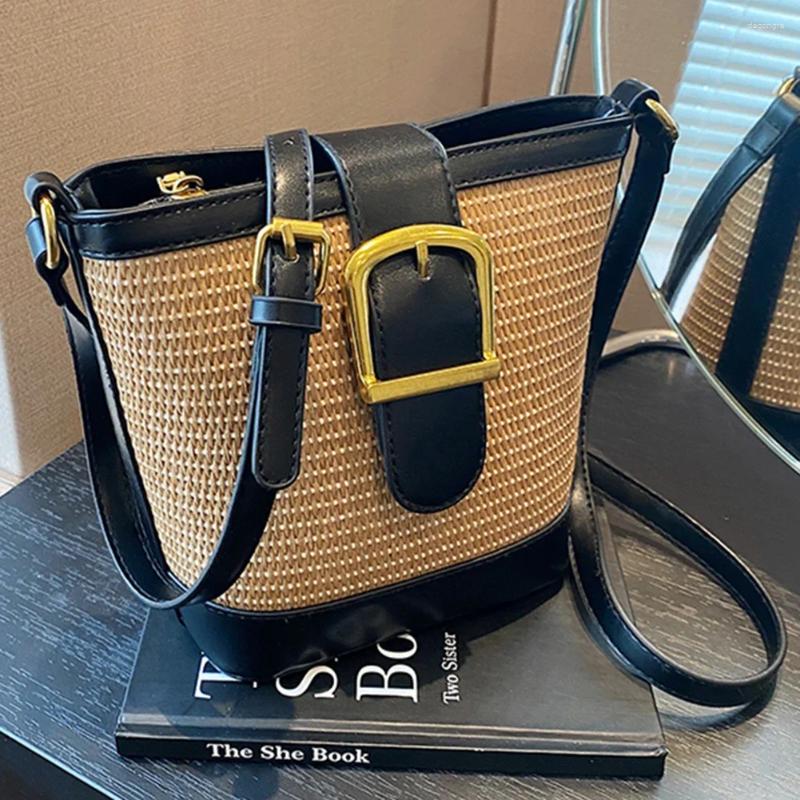 Bag Women Crochet Bucket Patchwork Daily Straw Adjustable Strap Crossbody Ladies Summer b49c