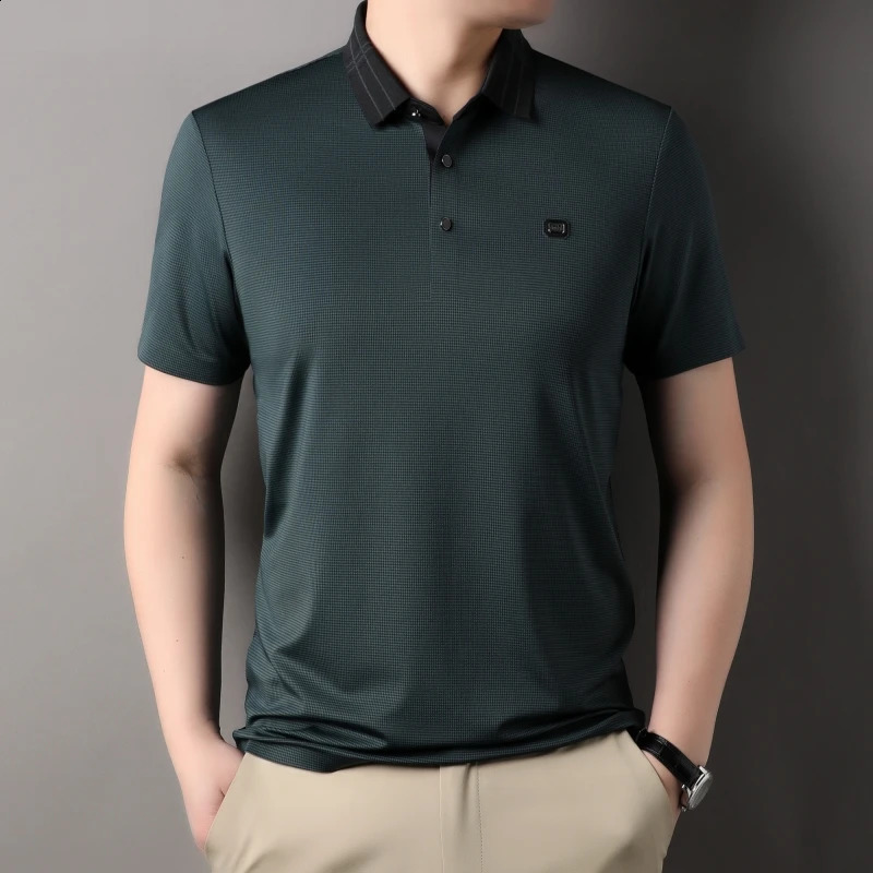 High end short sleeved POLO shirt mens summer fashionable plaid print top ice silk breathable casual T-shirt 240828