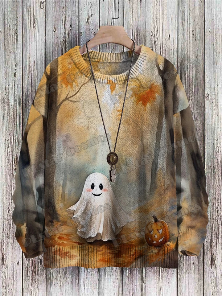 Halloween Ghost and Jack-o-Lanton 3D Printed Mens Knitted Pullover Winter Neutral Casual Knitted Pullover Sweater ZZM139 240829