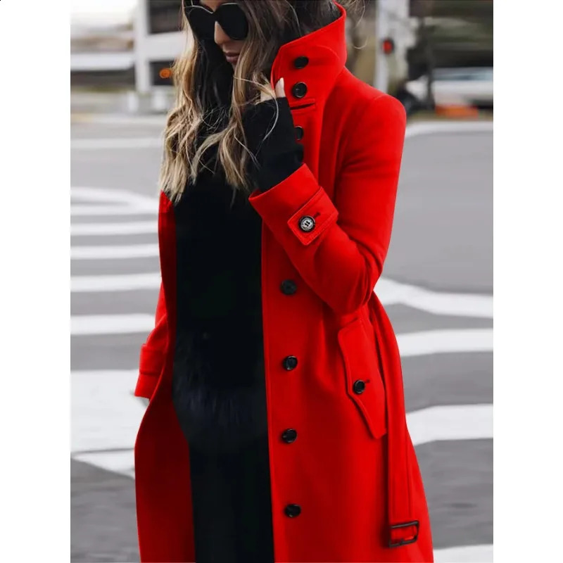 Autumn and winter wool coat womens slim fit open top large coat womens long sleeved single chest standing collar wool coat 240828