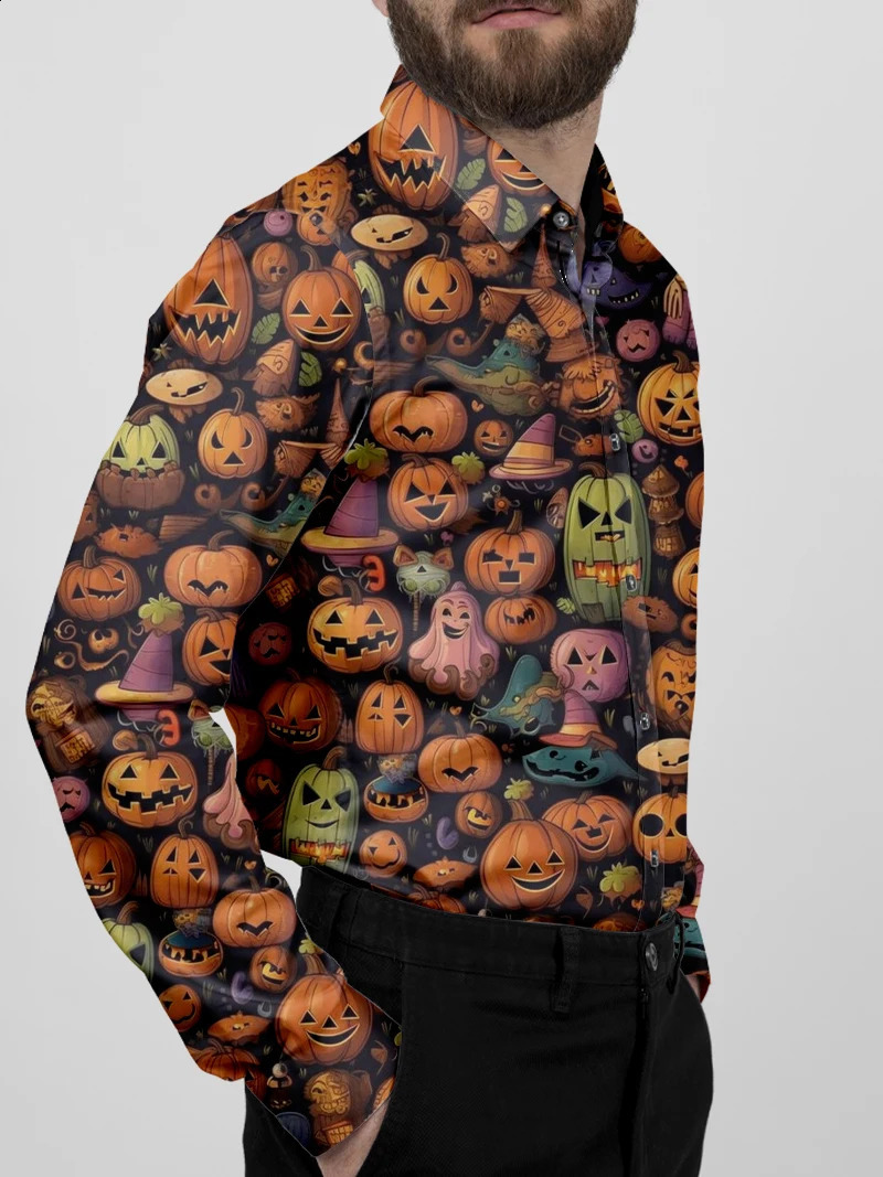 Spring and Autumn Outdoor Halloween Mens Clothing Casual Ghost Pumpkin Pattern Boat Collar Button Long Sleeve Pattern Novel Costu 240829