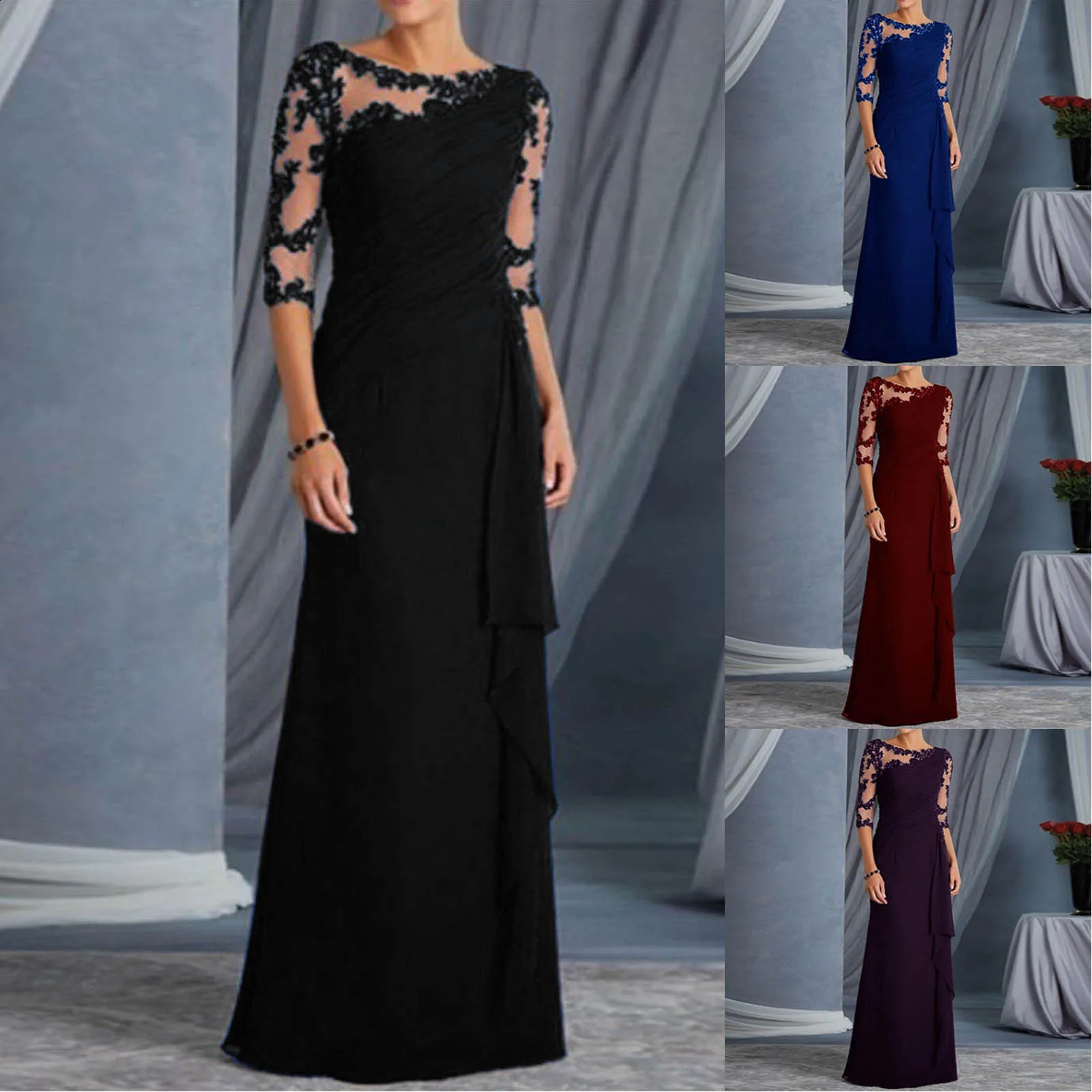 Women Elegant Lace See Through Prom Dress Sexy Round Neck Mid Sleeve Long Dress Formal Midi Evening Dress with Wave Ribbon