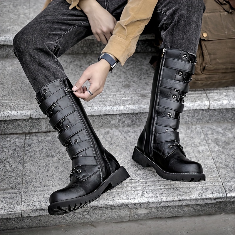 Mens High-Top Microfiber Motorcycle Boots - Anti-Skid, Water-Resistant, PU Insole, Round Toe, Side Zippers, Superfine Fiber Upper for Outdoor Enthusia