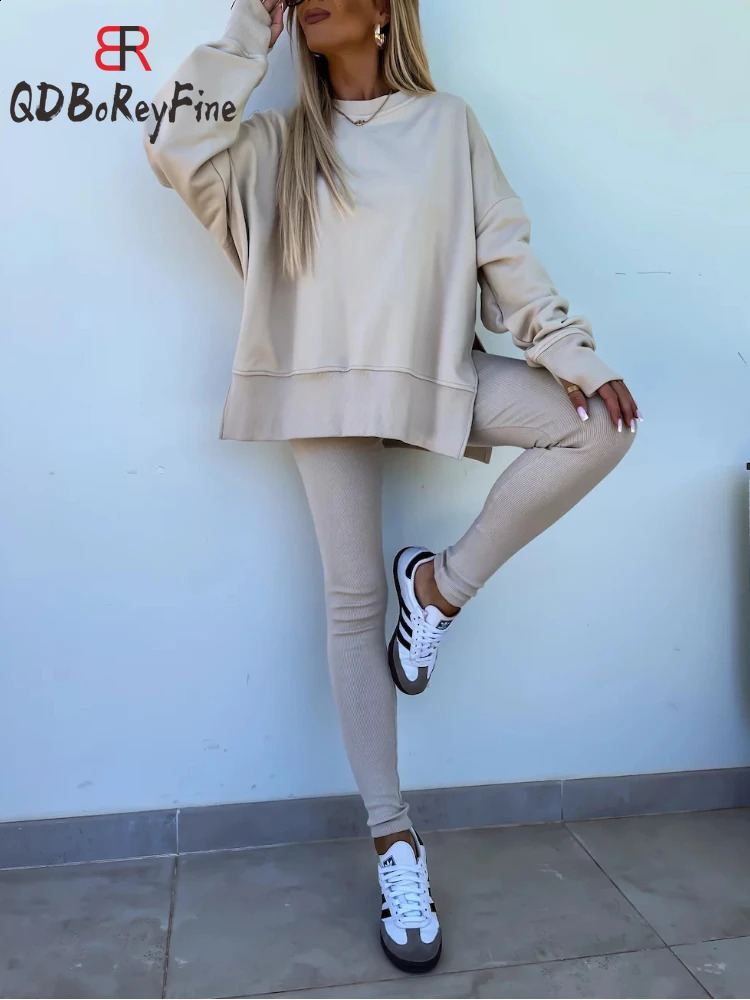 In Women Tracuit 2 Piece Sets Autumn Casual Oversized Sweatshirts Slit Fiess Slim High Waist Leggings Hoodie Set Female 240828
