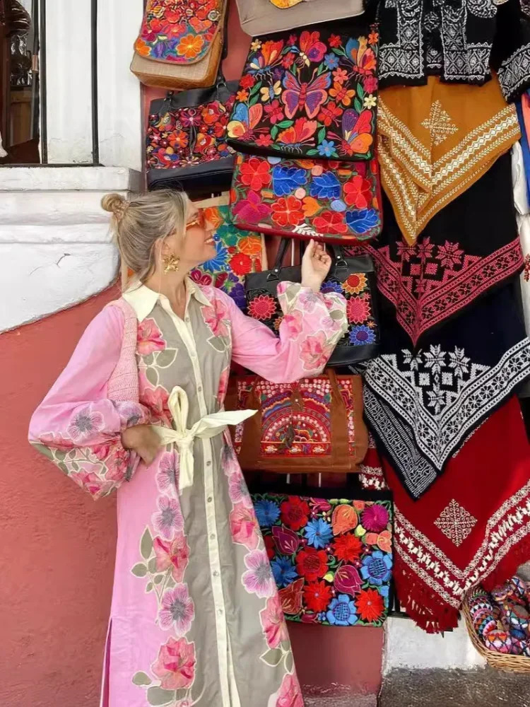 Womens contrasting printed shirt dress casual lapel single chest long sleeved split style womens fashionable robe 240828