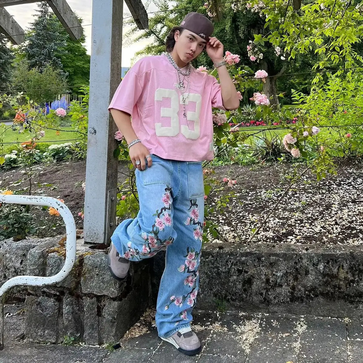 Y2K Harajuku jeans retro cherry blossom embroidery pattern hip-hop streetwear mens Gothic casual straight leg jeans 240829