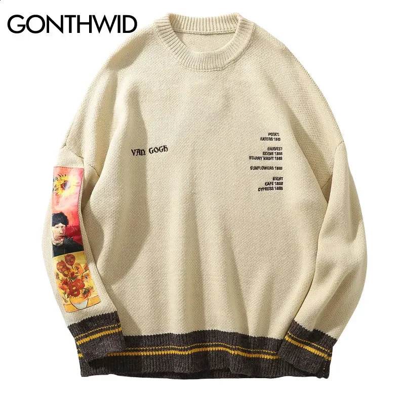Gonthwid Van Gogh Sleeve Patch Work Pulling Knitted Sweater Mens Hip Hop Embroidery Staff Knitted Sweater Street Clothing Top 240829