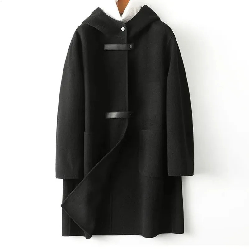 Fashion Hooded Cashmere Womens Autumn And Winter Double-Sided Windproof Hine Temperature Ultra-Thin Wool Coat