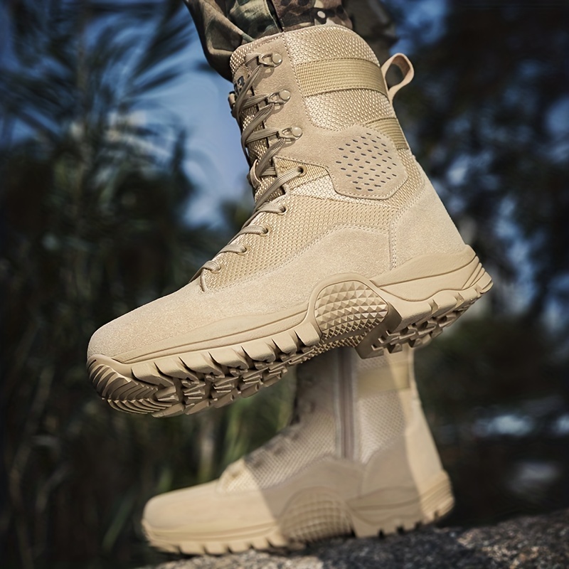 Men's solid color high top tactical work boots - waterproof, non-slip, comfortable, breathable, durable for outdoor hiking activities, rubber sol