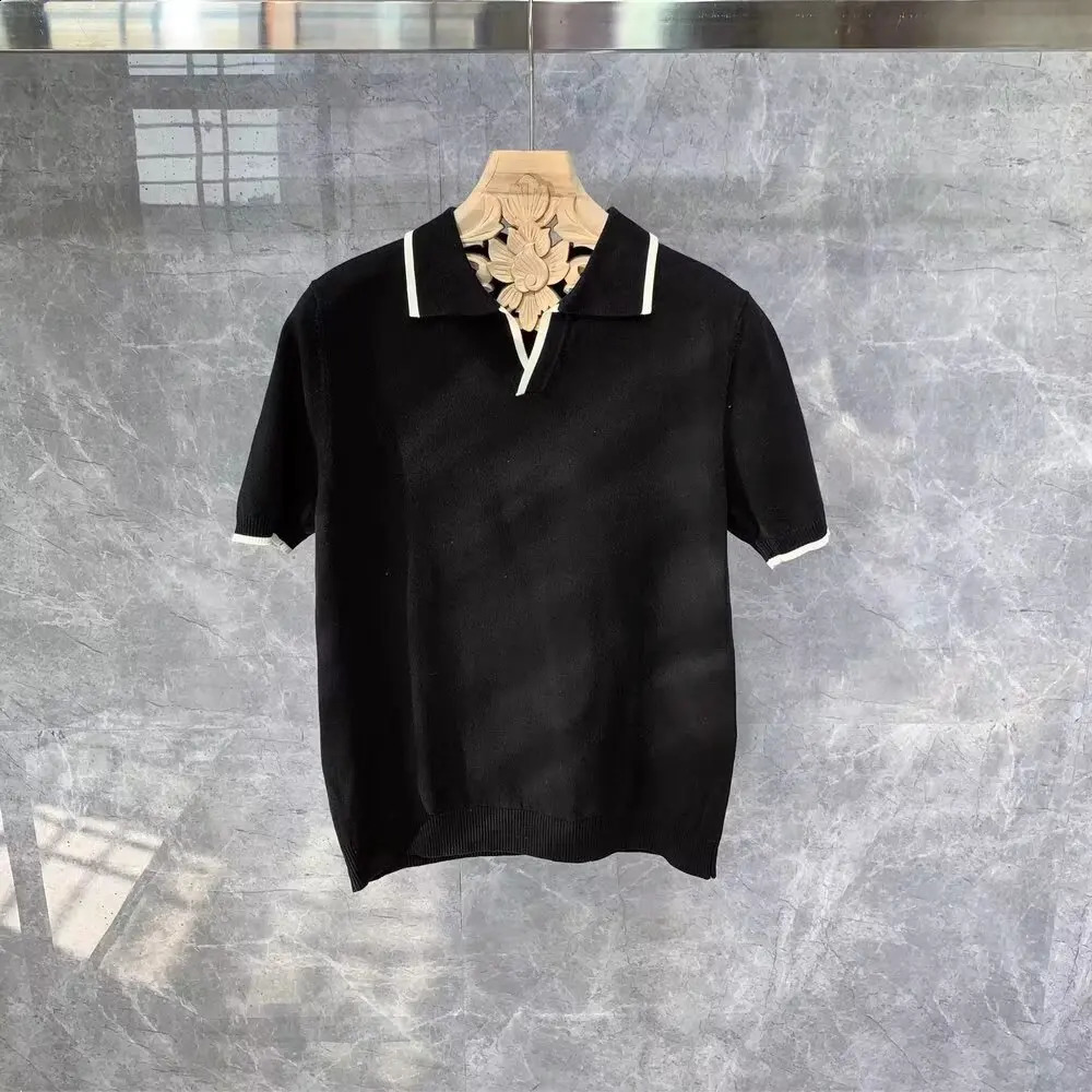 Mens Fashion Summer Knitted Polo Shirt Soil Vneck Black and White Neck Short Sleeve Clothing 240828