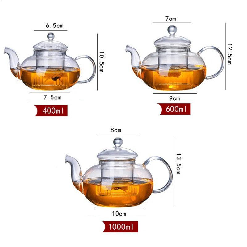 400/600/1000ml Clear Glass Teapot With Removable Infuser Tea Pot Stovetop Safe Loose Leaf And Blooming Tea Maker Heat-resistant 240828