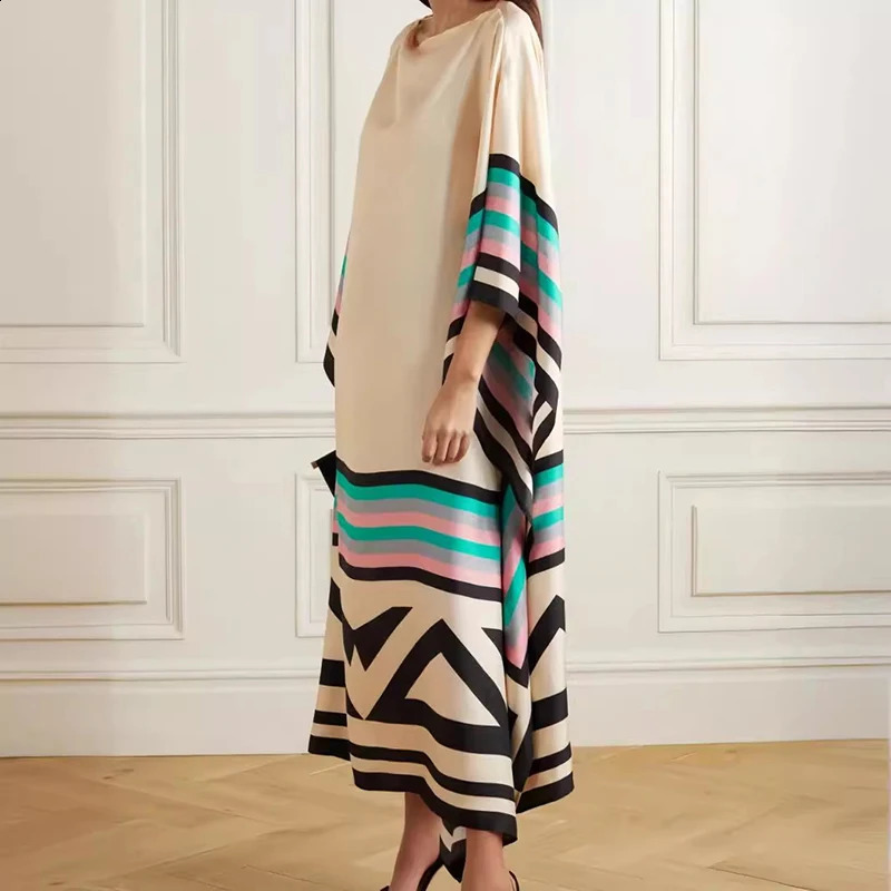 Candy Stripe Print Patchwork Kaftan Dress Womens Spring Round Neck Irregular Long Summer Bat Sleeve Bohemian 240828