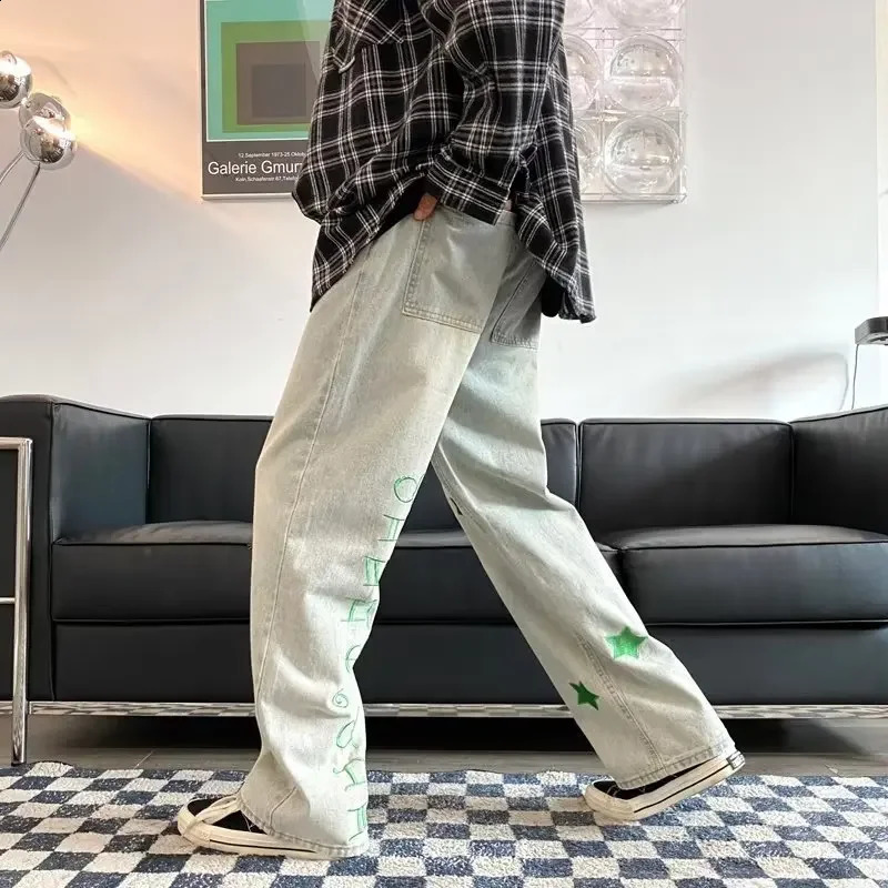 Fashionable retro washed green star embroidered full letter jeans American style straight leg casual pants 240829