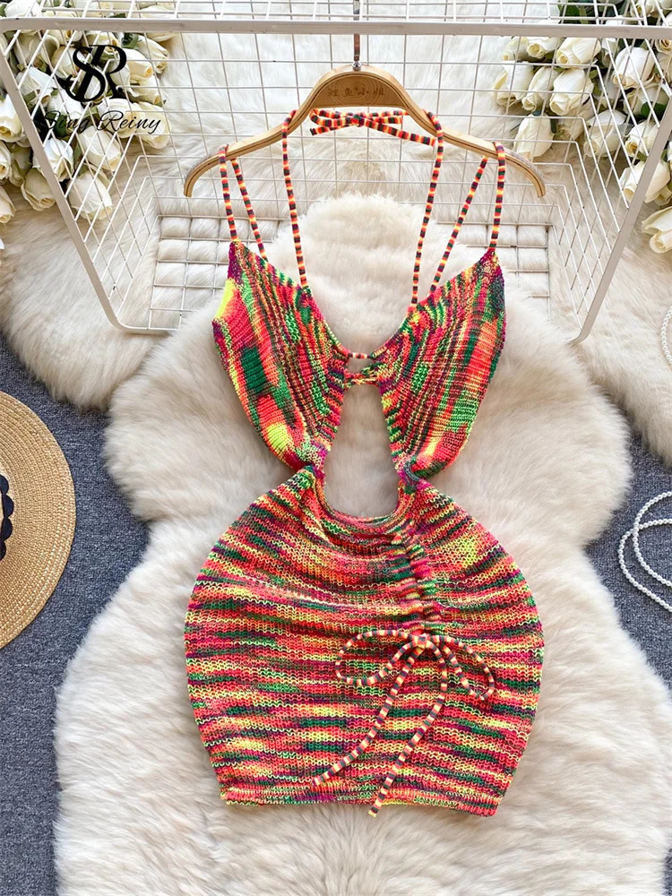 SINGREINY American Europen sweet Halter Lace up Mini Dress Ladies Hollow Slim Fashion Drawstring Bodycon Strap Knitted Dress 240828
