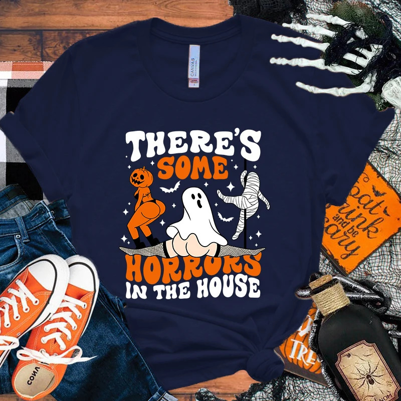 There are some horror printed T-shirts in the Halloween house summer casual loose T-shirts womens Harajuku shirts 240829