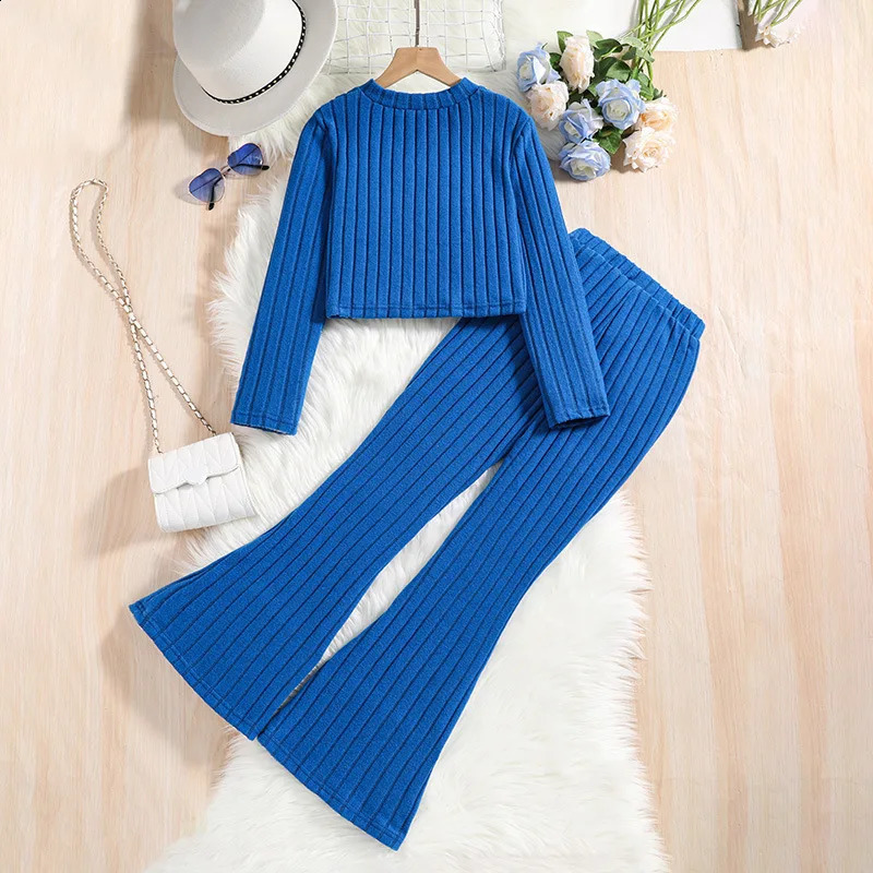2 Pcs Kids Clothing Sets Outfits for Girls 2024 Autumn Winter Children Fashion Knit Blue Long Sleeve Tops Flares Pant 7-14Y 240823