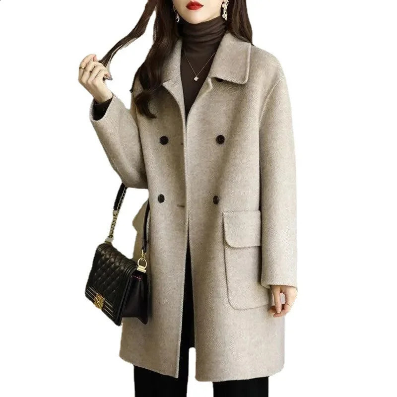 autumn and winter wool coat for women elegant Korean style medium length loose fit suitable for womens small jacket 240828