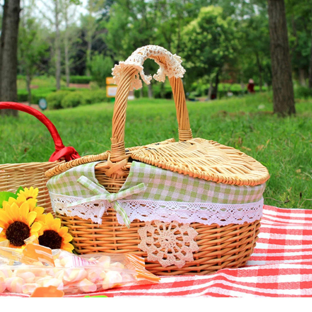 Handmade willow picnic basket woven storage with handle outdoor fruit container 240828