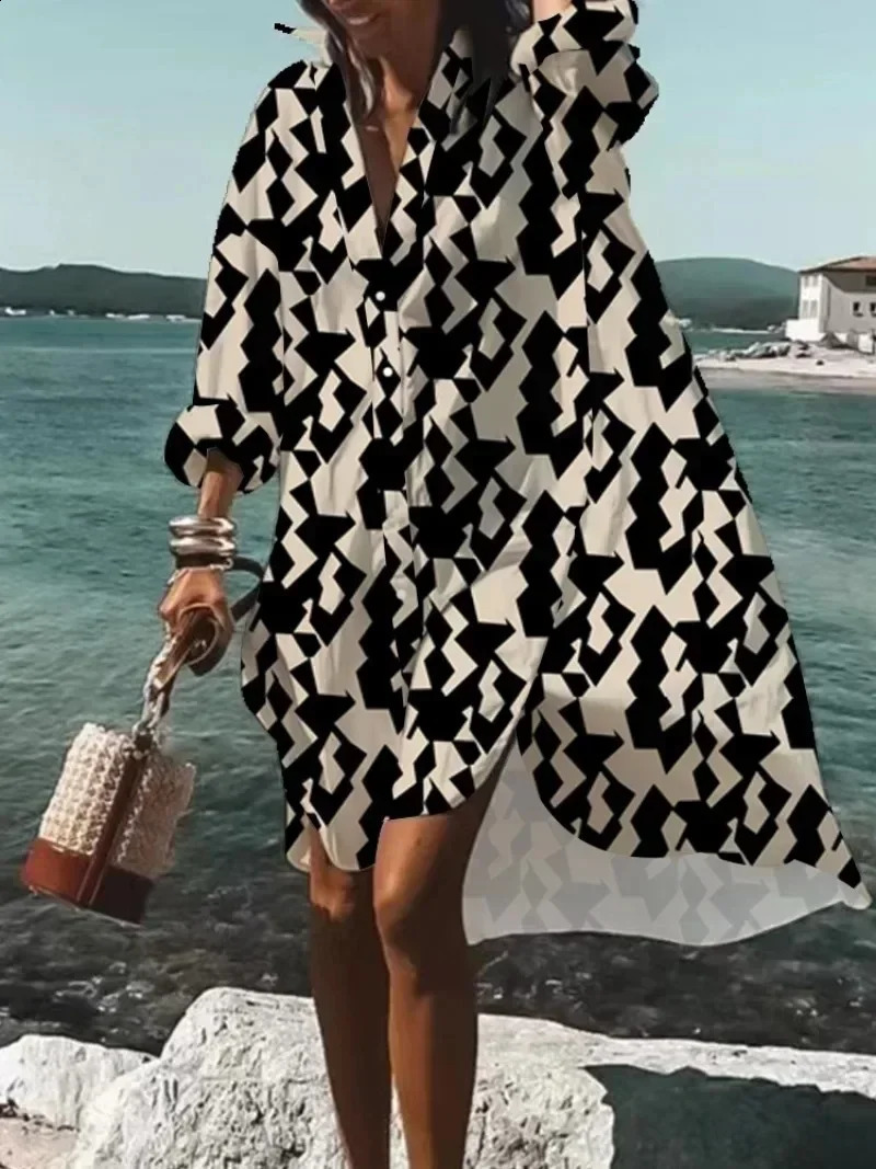 Large size summer ultrathin fashion version dress with casual digital printing loose chest circumference long sleeved collar womens shirt 240828