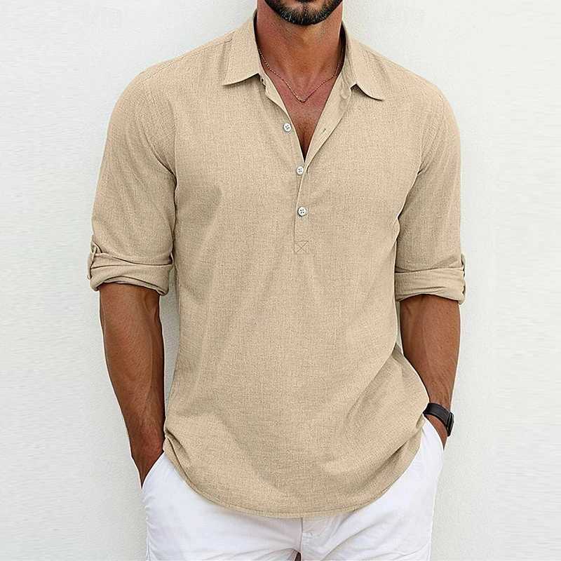 Summer Casual Pure Color Polo Shirt Men Leisure Breathable Loose Cotton Linen Top Mens Long Sleeve Button Lapel Pullover ShirtsXJ240828
