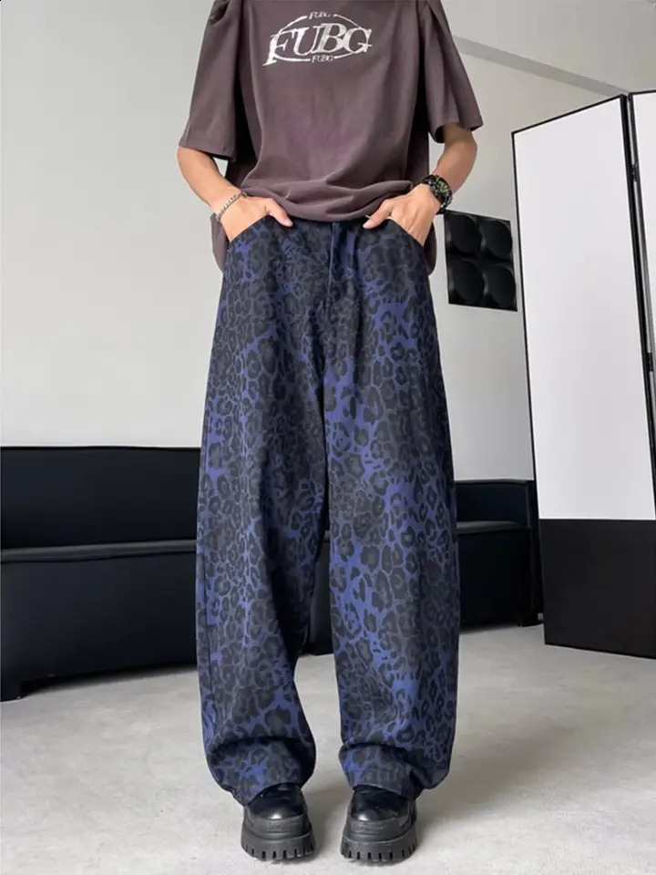 American Blue Panther Printed Jeans American Hip Hop Mens Pants Street Clothing Pocket Y2K Mens Retro Harajuku Trou 240829