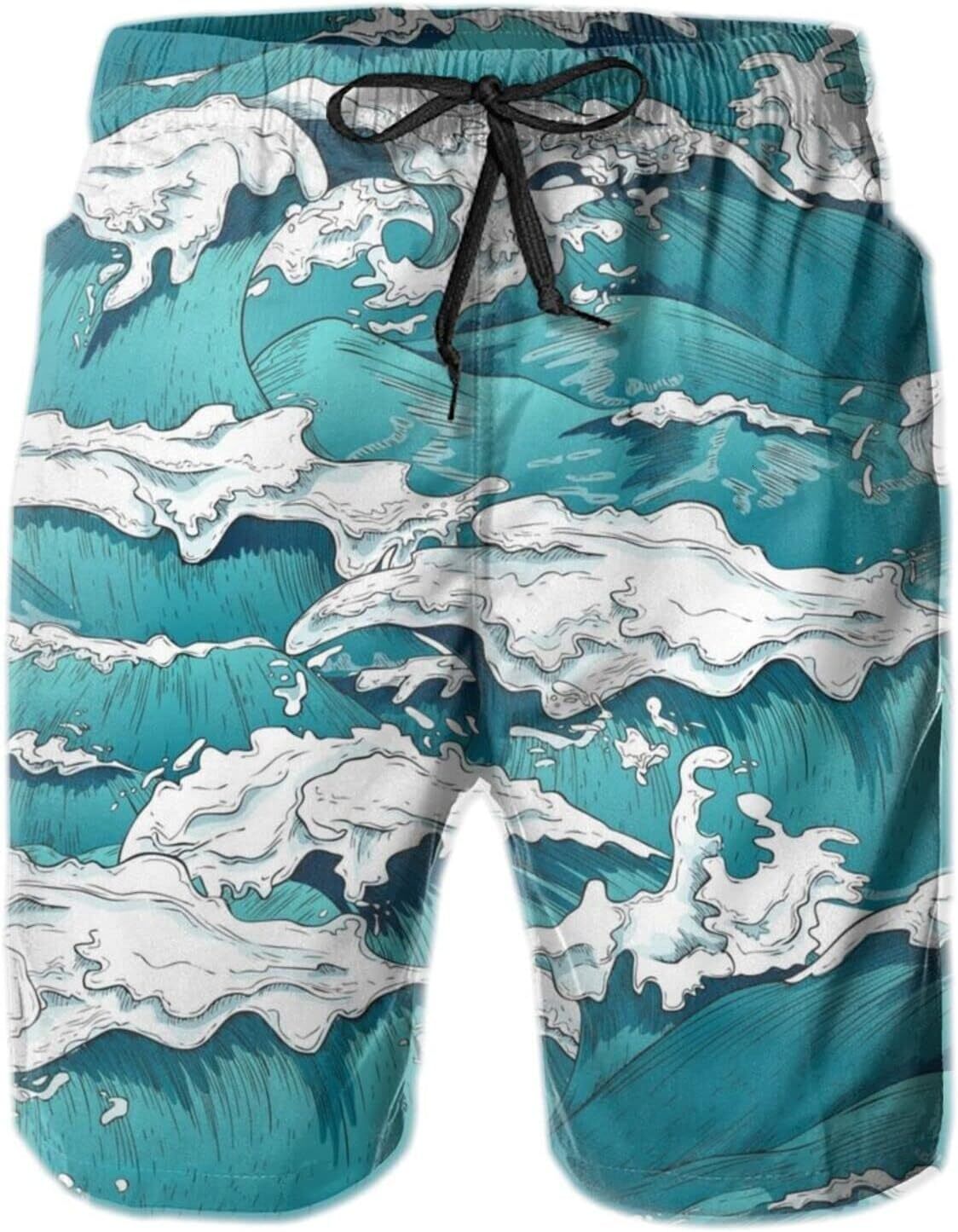 Mens Shorts 3D Printing Pattern Ocean Waves Swim Trunks Quick Dry Stylish Beach Pants For Men Board Swimwear
