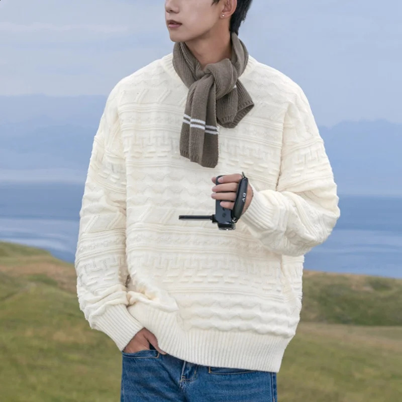 Retro striped soft latte sweater mens couple pattern autumn winter Japanese loose lazy style knitted warm sweater 240829