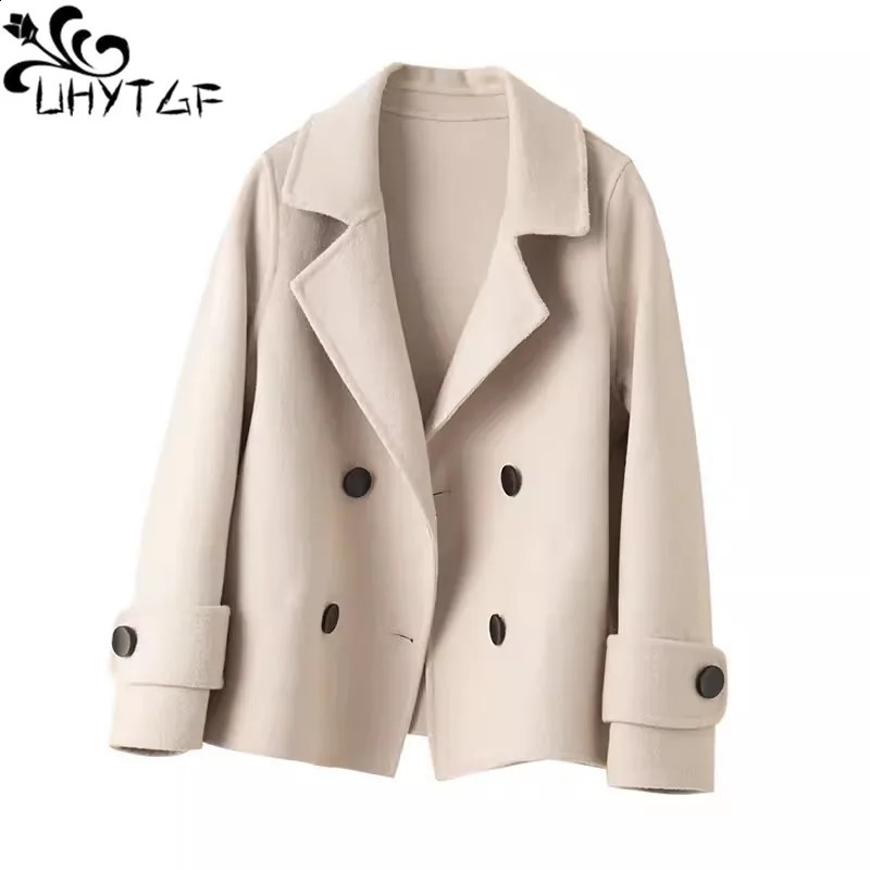 UHYTGF high-end double-sided cashmere coat womens double-layer chest casual spring autumn 100% wool jacket womens short jacket 2620 240828
