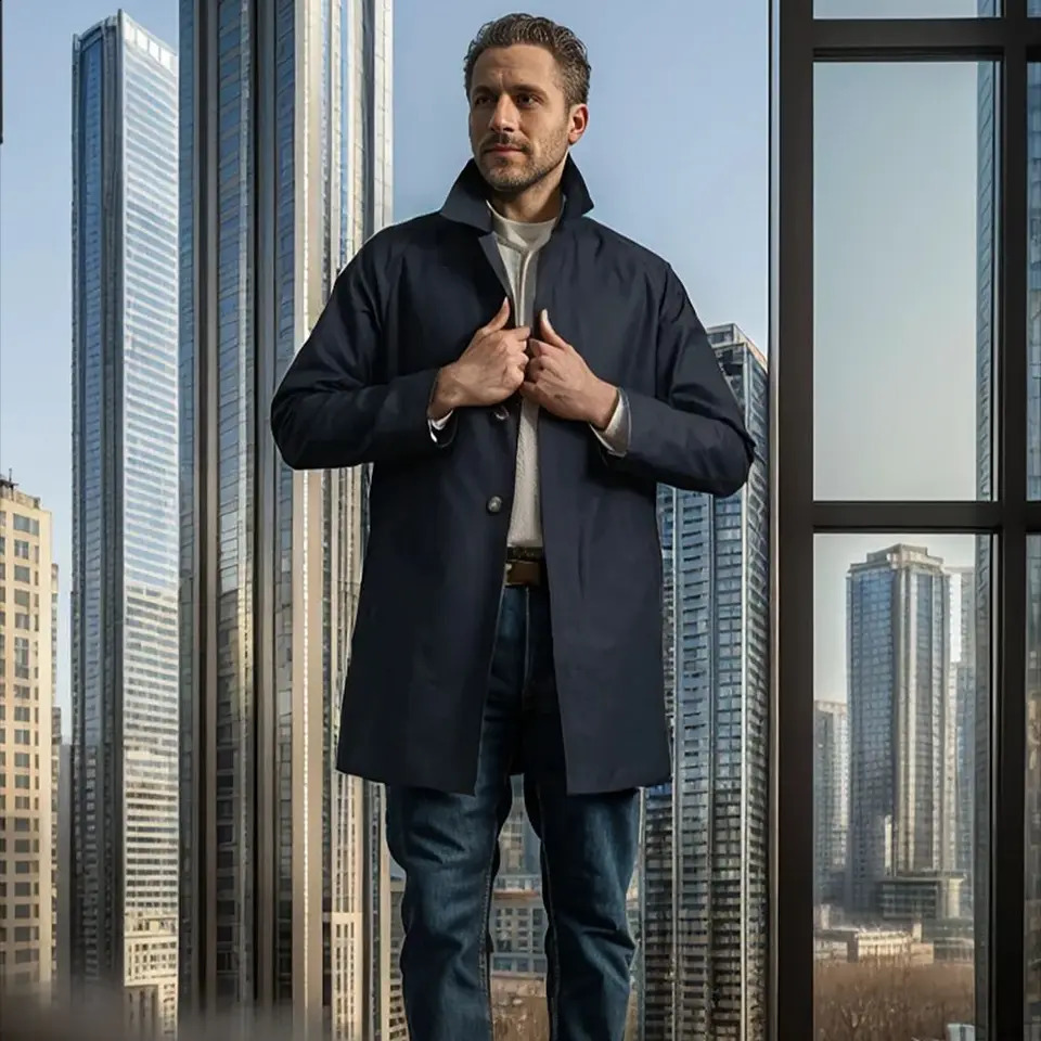 mens windproof spring and automatic solid color mens long sleeved lapel coat single-layer casual long thin coat 240829