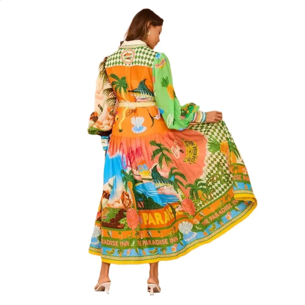 Single Chest Long Lantern Sleeve Graffiti Printed Tie Waist Dress Pleated Square Necklace Sleeves Mid