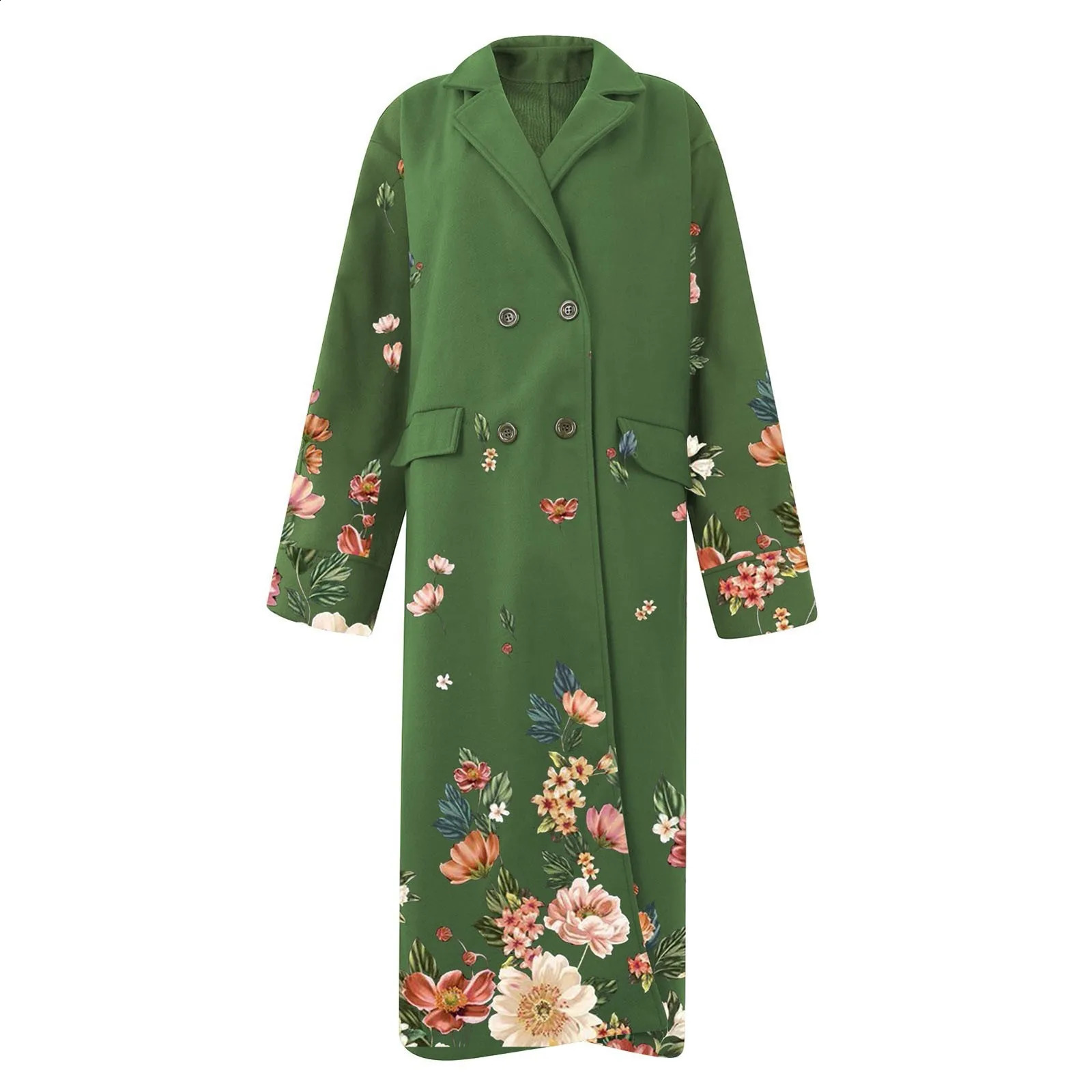 Womens wool coat fashionable casual long sleeved lapel coat retro floral print double chest coat green 240828