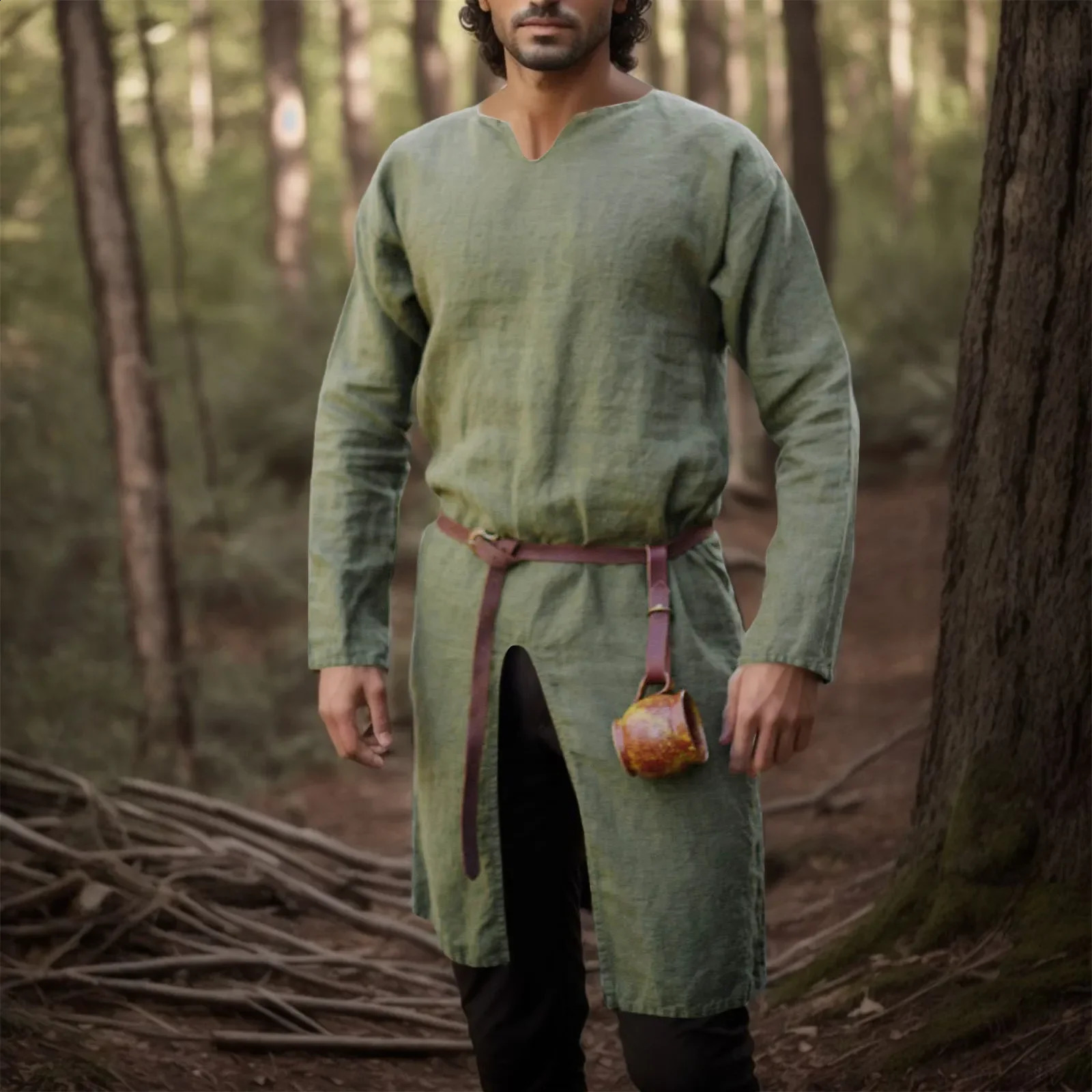 Medieval Renaissance Retro Linen Shirt Top Tuned Mens Long Dress Retro Jacket Knight Viking Pirate Role Playing Costume 240828
