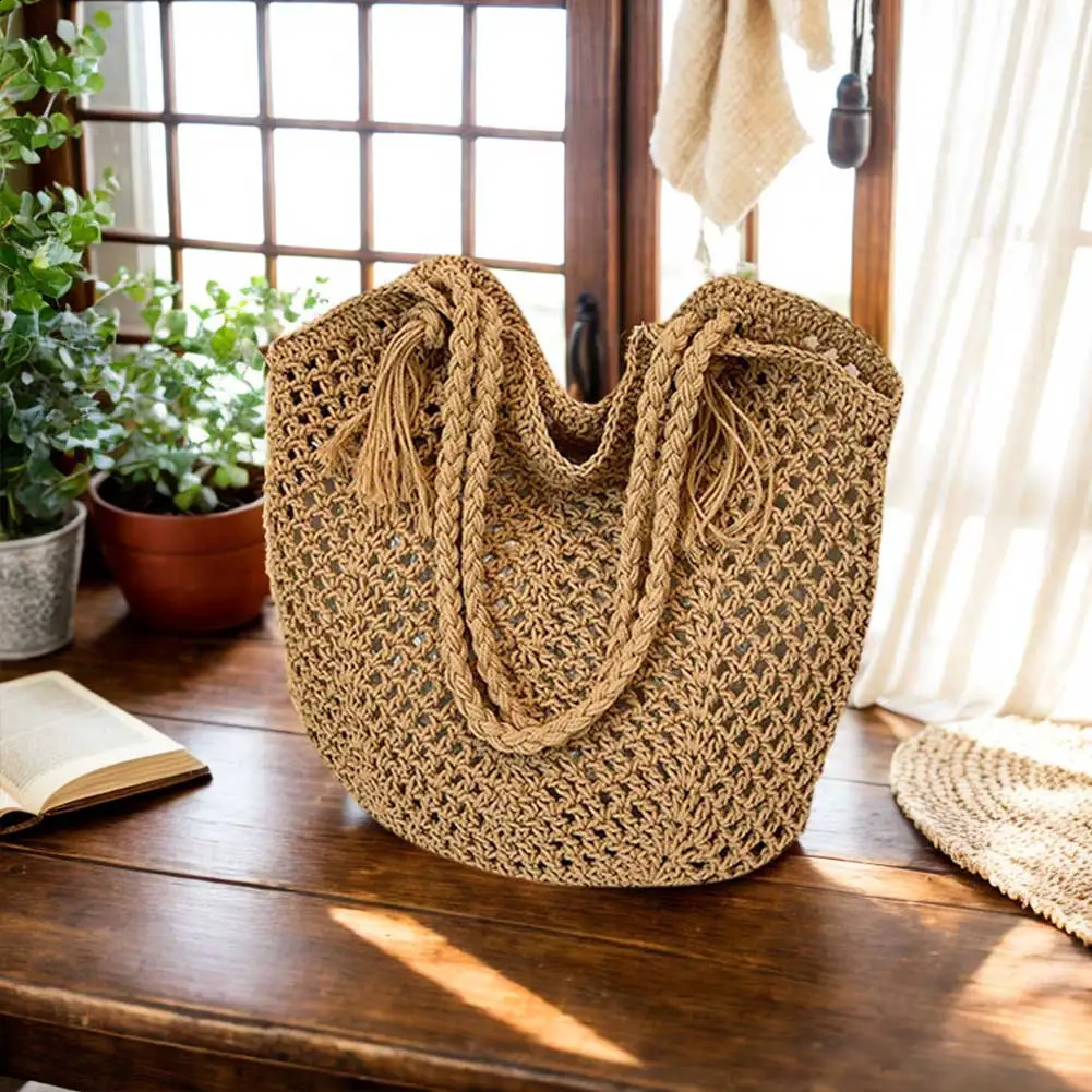 Straw Summer Beach Bag Large Capacity Women Woven Shoulder Purse Solid Color Clutch for Shopping Vacation Travel 240828