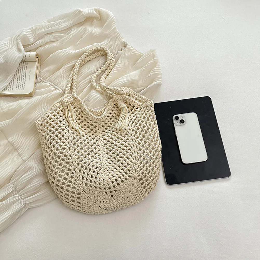 Straw Summer Beach Bag Large Capacity Women Woven Shoulder Purse Solid Color Clutch for Shopping Vacation Travel 240828