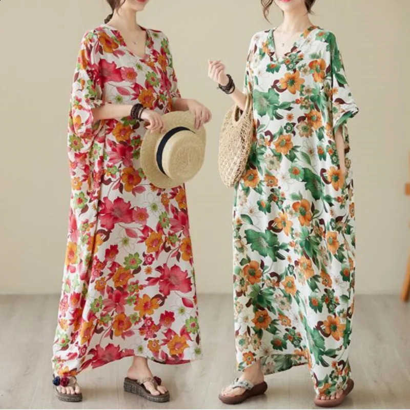 Wxw6513 Summer Printed Long Dress Loose Pocket Retro Floor Length Womens Thin Beach Cotton 240828