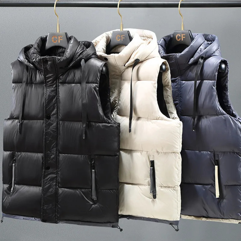 Wxw3643 black gray beige down jacket mens zipper sleeveless ultrathin winter vest hooded sweatshirt 240828