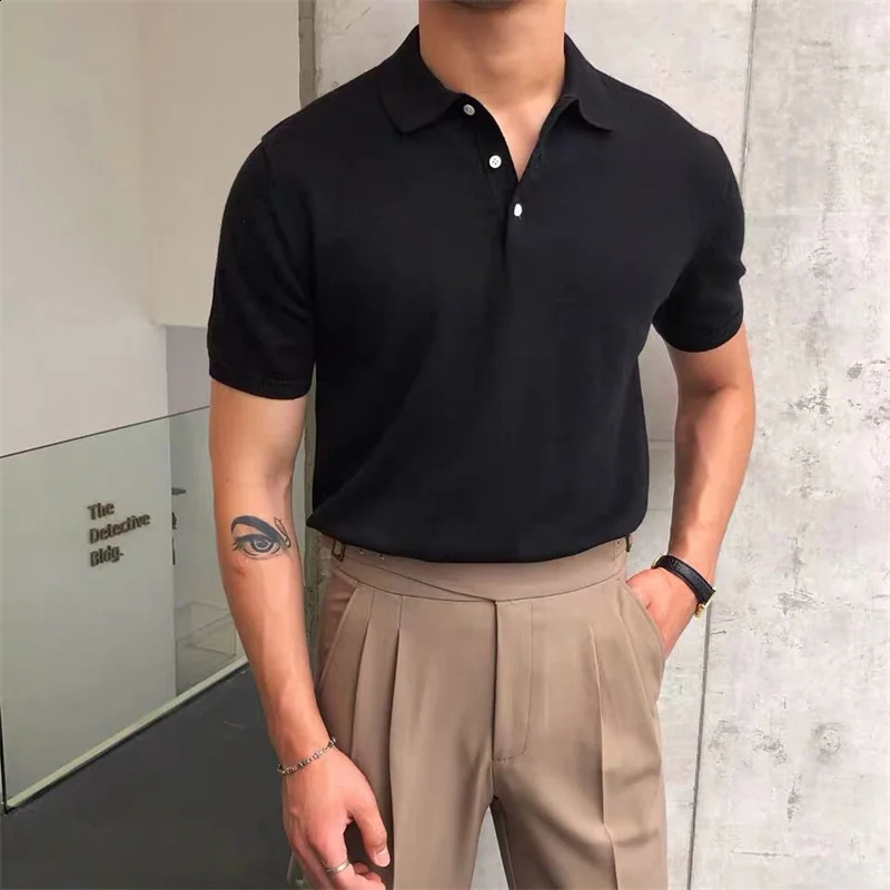 Summer Knitted Polo Shirt Solid Color Business Casual Mens Short Sleeve High Quality Golf Clothing 240828
