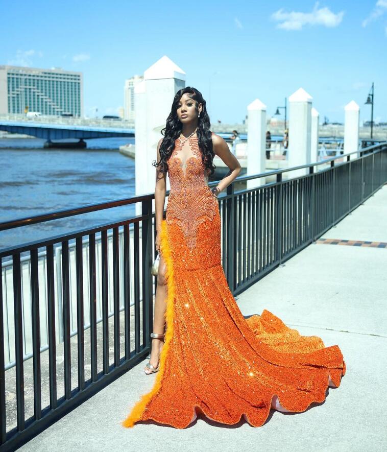 Orange Sparkly Mermaid Prom Second Dresses for Black Girl Luxury Diamond Sexy Slit Feather Evening Gala Party Gown 2025