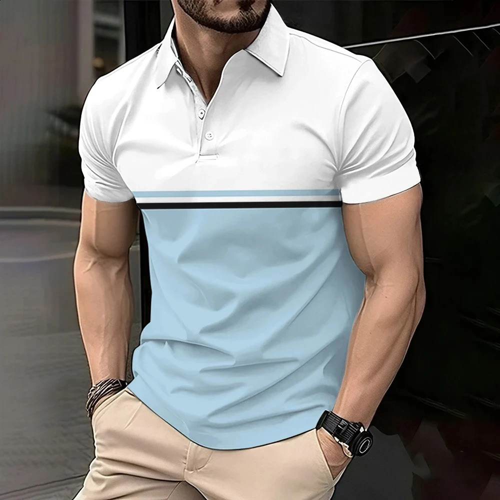 Summer Men Polo Shirt Plaid Printed Business Casual Simple Lapel Button Shirts Oversized Short Sleeve Outfits Fashion Tops 240828